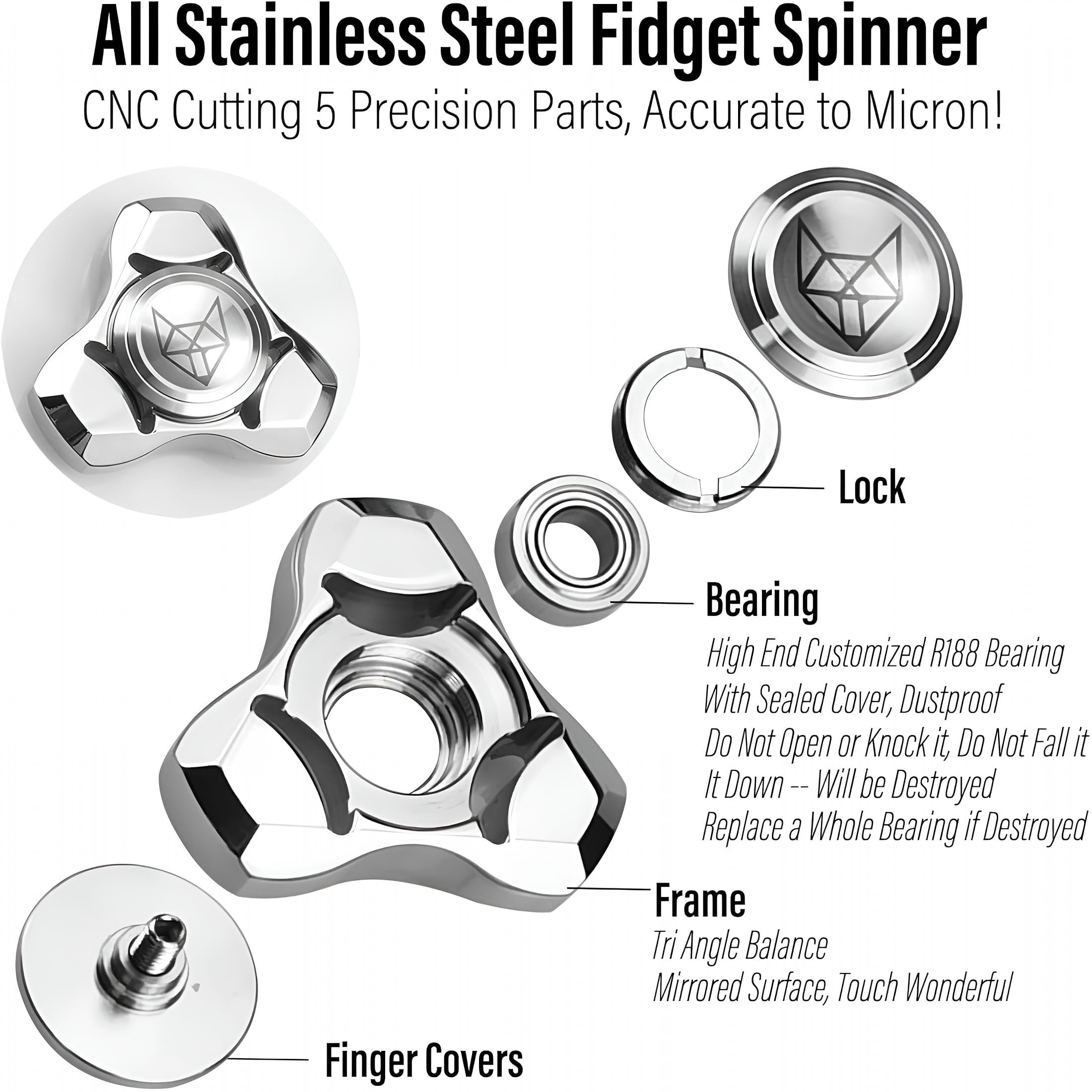 BESTSKY Metal Fidget Spinner for Adults,Stainless Steel Heavy Spinning Toys,Small Mini Fox Hand Gyro,Bearing Premium Long High Spin Fidget Block,Silver