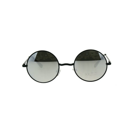 Mens Mirror Lens Classic Round Circle Lens Hippie 70s Metal Rim Sunglasses Black Silver Black