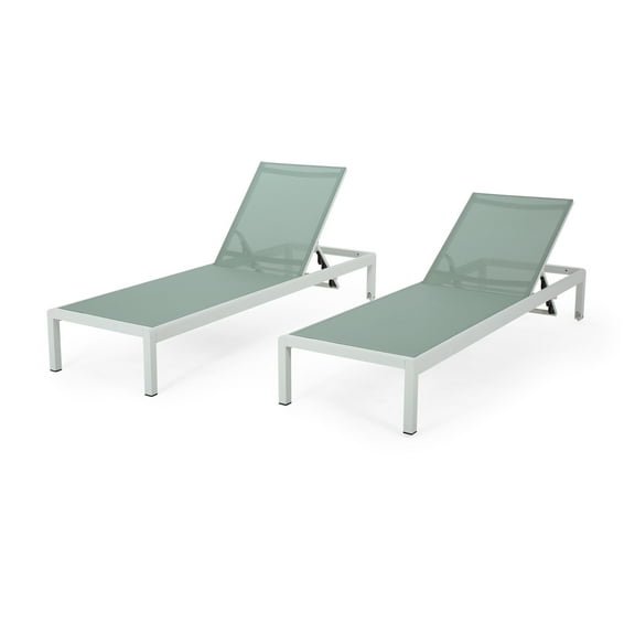 GDF Studio Crested Bay Outdoor Mesh and Aluminum Armless Adjustable Chaise Lounges, Set of 2, Green and White