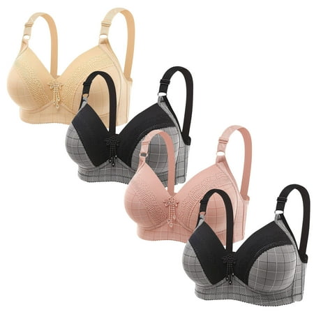 Lisbinx Bras for Women Full Coverage 4PC Women Plus Size Lace Stitching Plaid Printing Non-Steel Ring Non-Magnetic Buckle Underwear Bra Sales Today Clearance