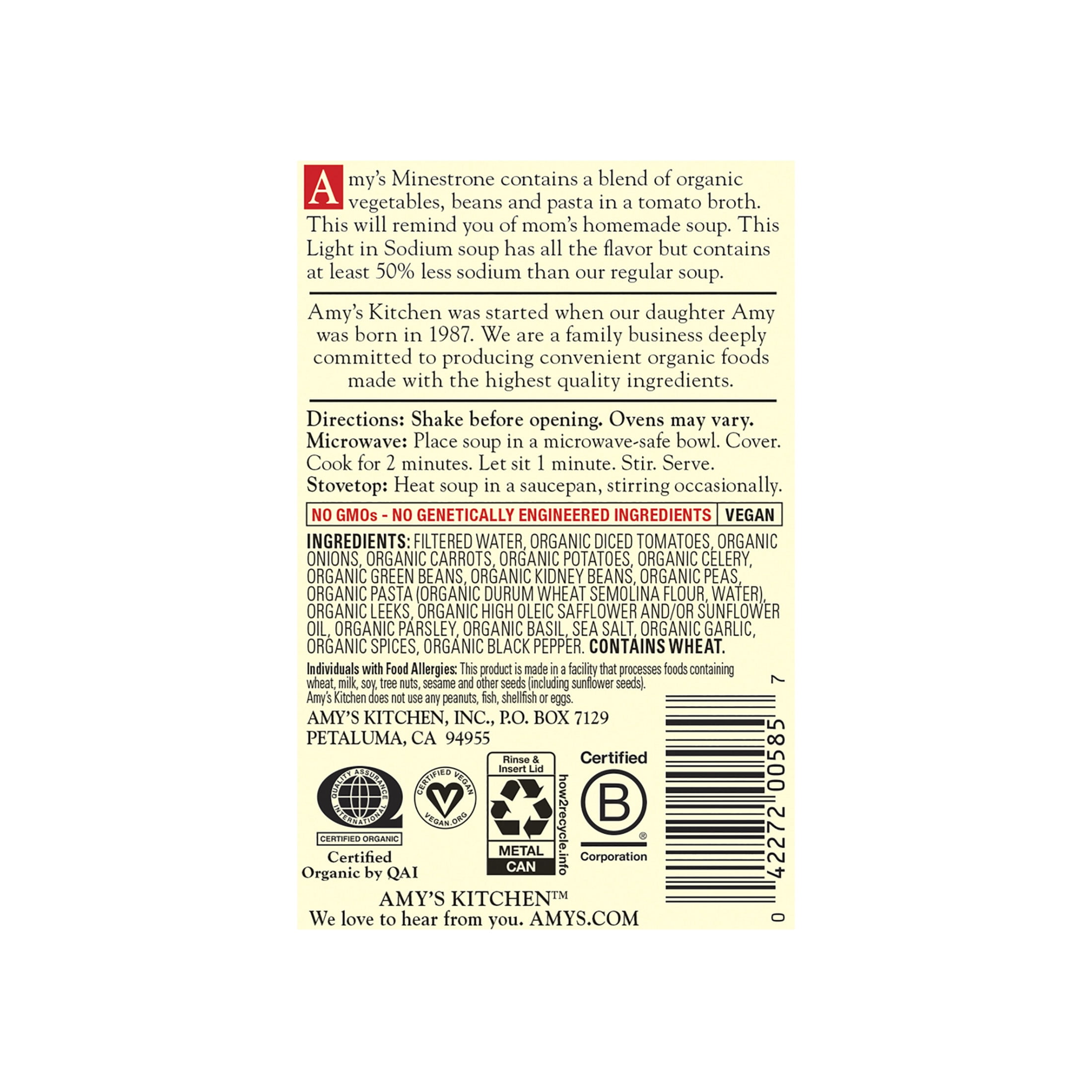 (6 pack) Amy’s Soup, Organic Light in Sodium Minestrone Soup, Made With Organic Vegetables, Canned Soup, 14.1 Oz