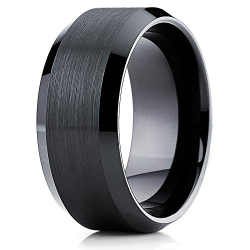 Silly Kings 10mm Tungsten Carbide Wedding Band Black Ring Brushed Beveled Edges Comfort Fit