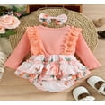 thumbnail image 3 of Baby Girl Romper Suit  Long Sleeve  Neck Floral Ruffle Loose Short Romper+ Headband  Pink 0-3 Months, 3 of 8