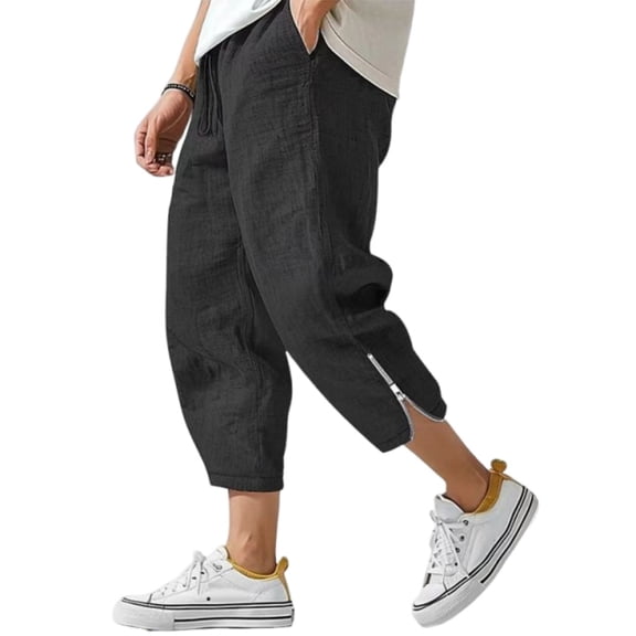 Domuza Men's Casual Elastic Waist Linen Capri Pants Wide Leg Baggy Cotton Harem Yoga Trousers Loose Patchwork Short Black 2XL