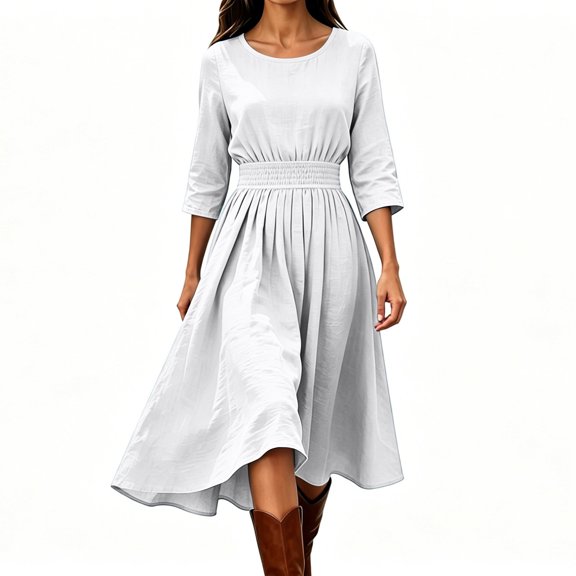 Guieoi Cotton-Linen Dresses for Women Solid-Color Casual Minimalist Loose-Fit Dress with Elastic Waist and 3/4-Sleeve White L