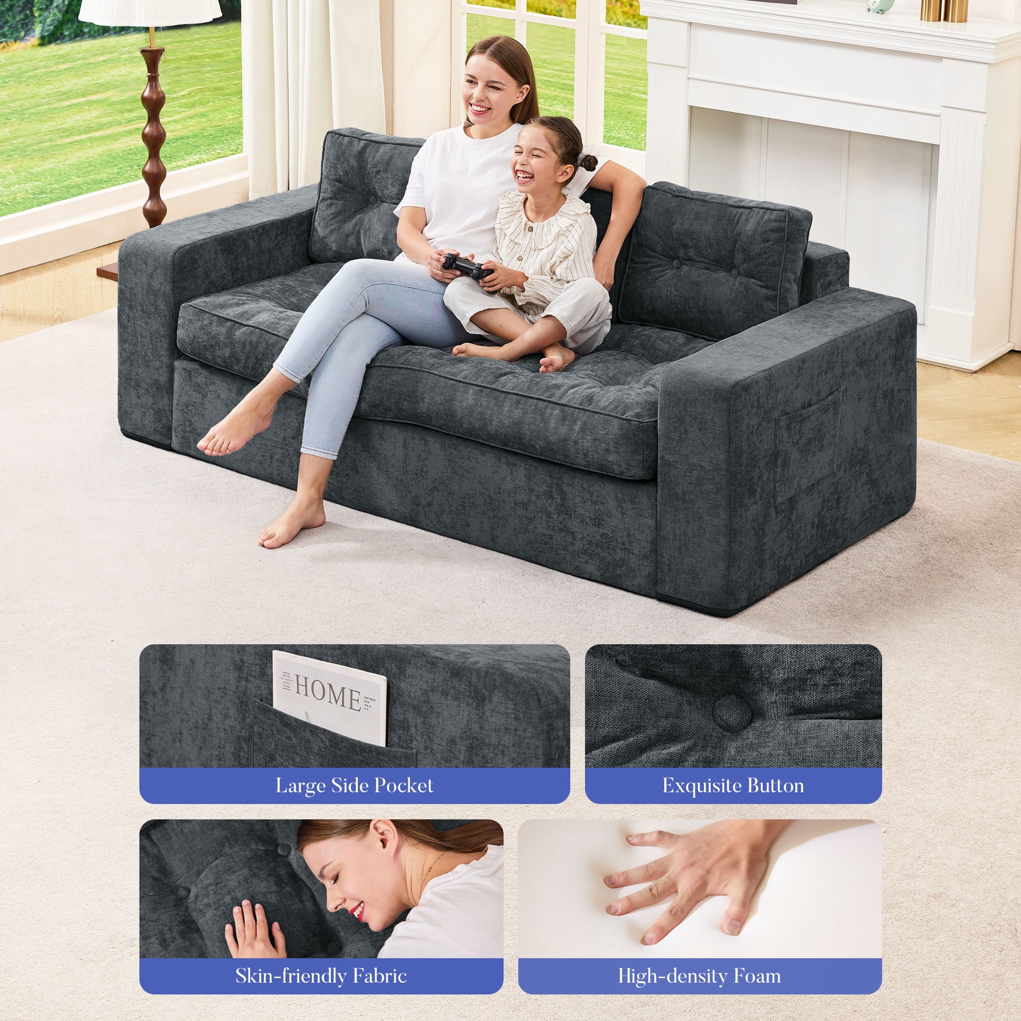 Hobestluk 3-Seater Sofa Boneless Couch with Tufted Button Design 2 in 1 Comfy Cloud Couch Oversized Sofa for Living Room Bedroom Apartment or Office (Blue Grey, 3 Seater)