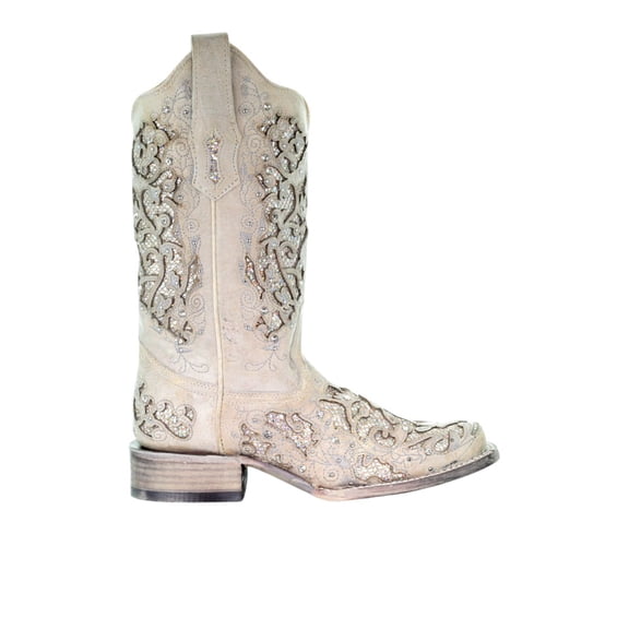 Corral Boots Womens Glitter Studded Tooled Inlay Square Toe Cowboy  Mid Cal