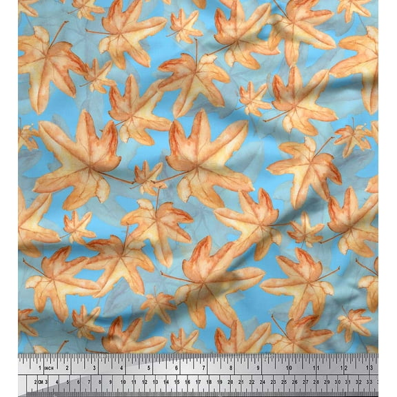 Soimoi Blue Silk Fabric Autumn Leaves Print Fabric by Yard 44 Inch Wide