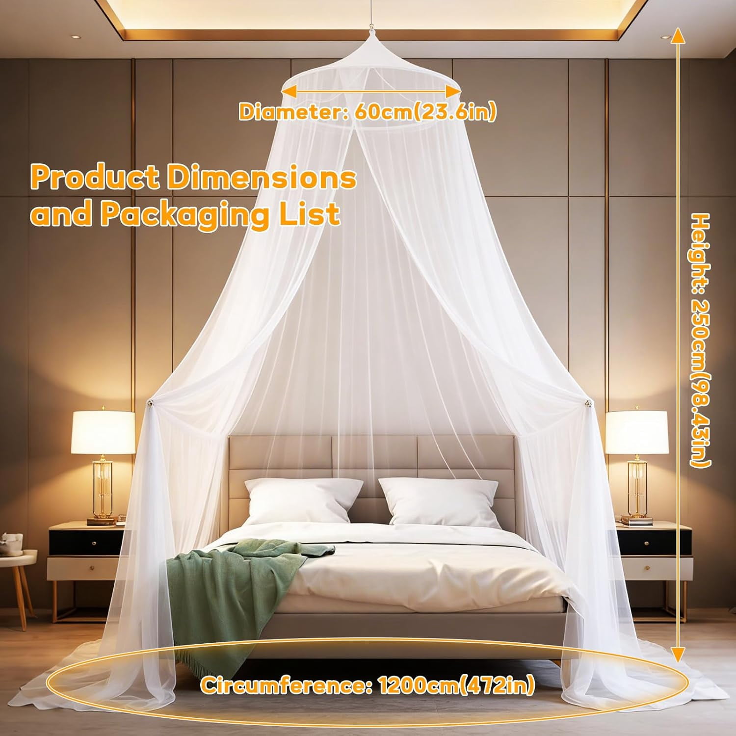 Mosquito Net for Bed Canopy for Girls, Twin to King Size Bed Canopy Curtains from Ceiling, Dome Mosquito Netting Bed Tent for Bedroom Decorative, Travel with Storage Bag (White Dome)