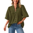 thumbnail image 1 of Blusas PRETTYGARDEN para mujer, verano 2025, mangas cortas, holgadas, con botones, con cuello en V, plisadas, informales, con cuello en V (verde militar, XL), 1 of 8