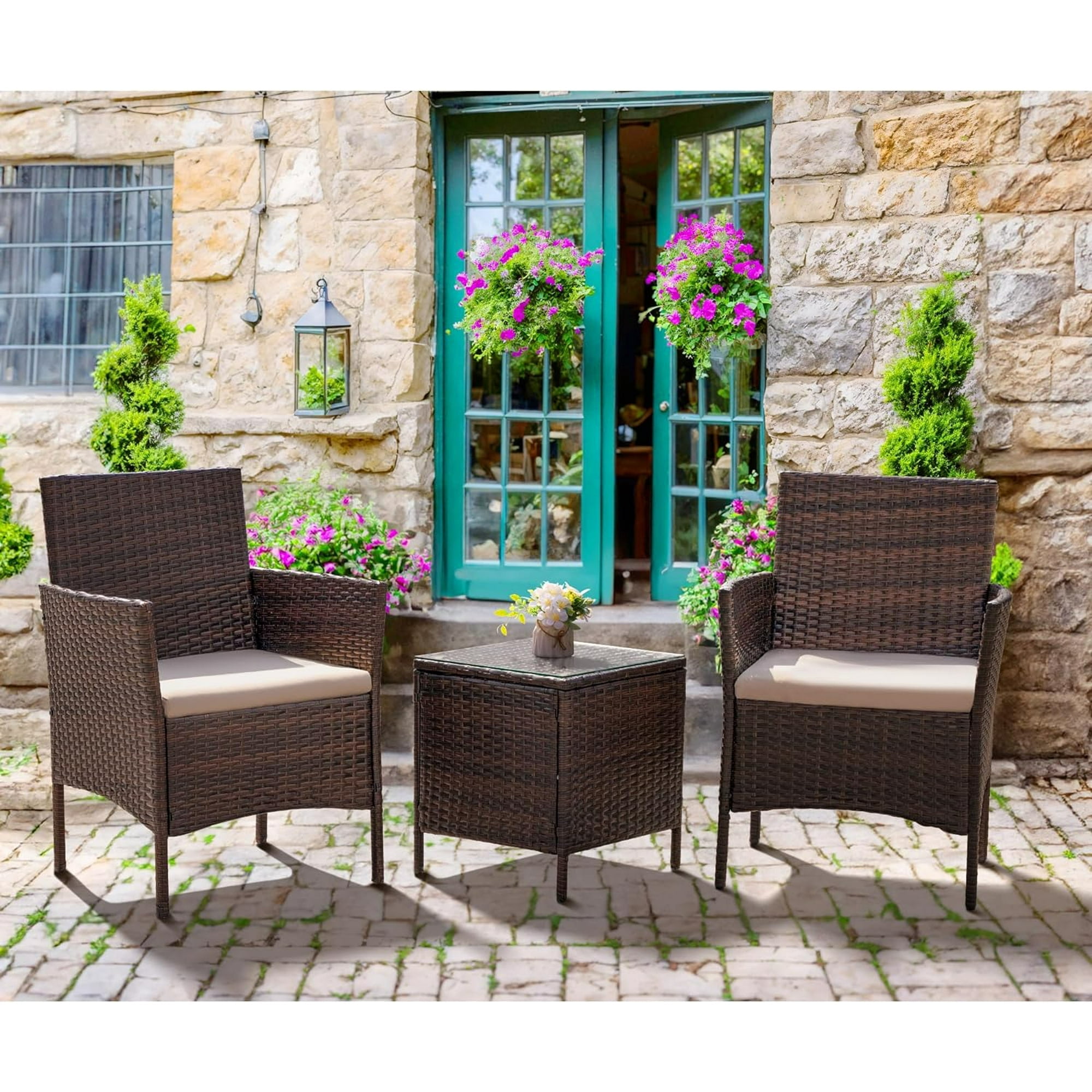 Patio Furniture Set 3 Pieces All-Weather Rattan Outdoor Furniture Patio Chairs with Tempered Glass Table for Porch Bistro Balcony,Beige
