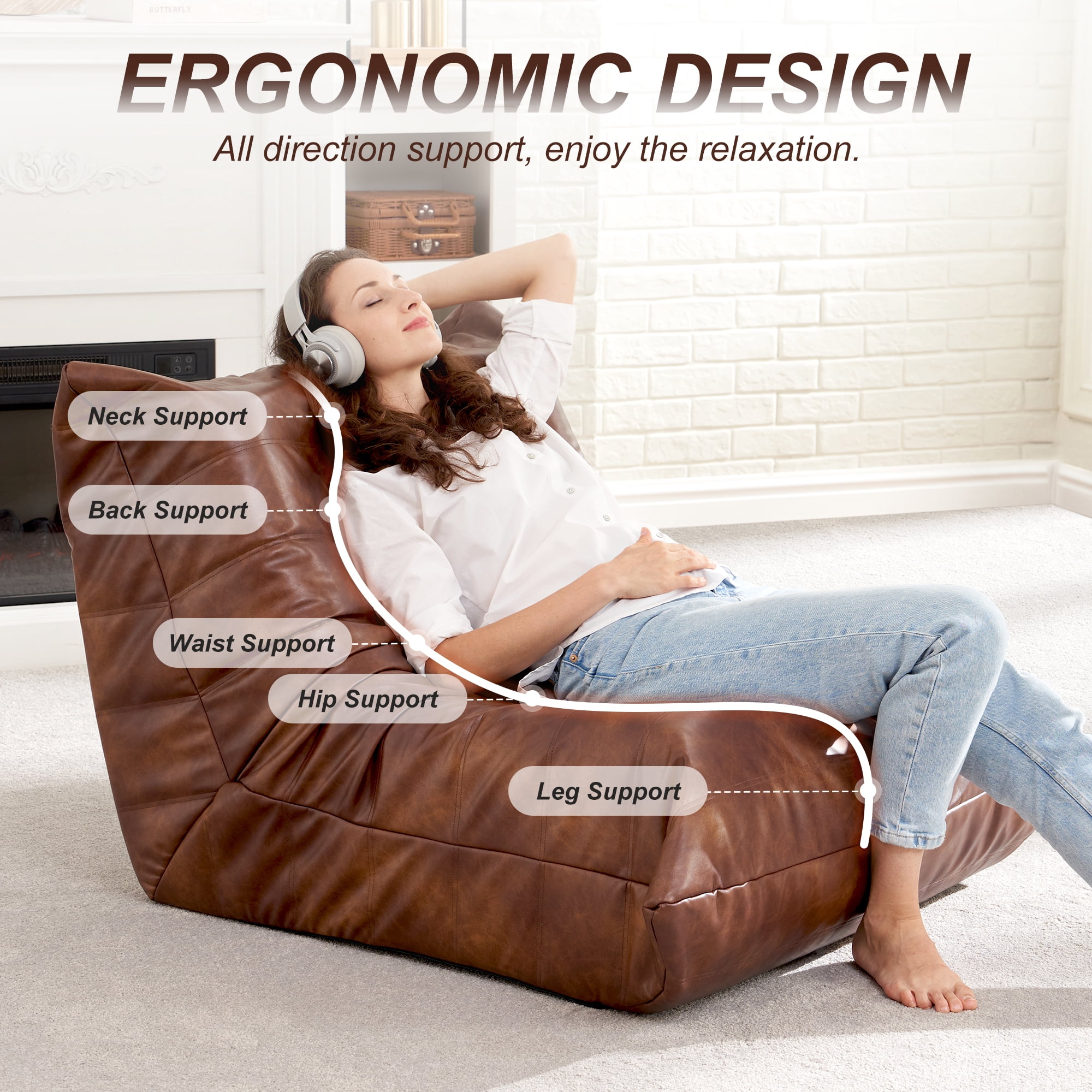 Hobestluk Giant Bean Bag Chair, Faux Leather Memory Foam Bean Bag Sofa for Adults, Living Room Bedroom Dorm Office, Brown