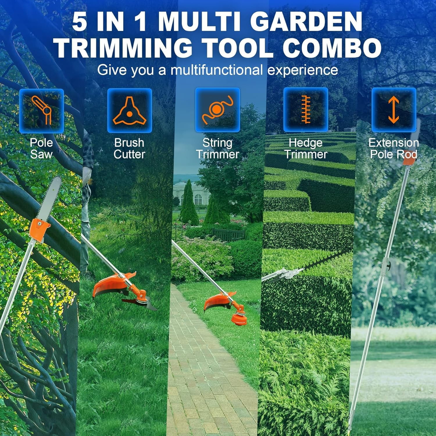52cc 5 in 1 2-Stroke Gas String Trimmer with Gas Hedge Trimmer,Brush Cutter Gas Powered,Gas Weed Eater for Weeds and Grass