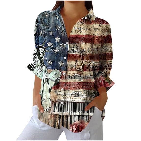 SELONE Womens White Button down Shirt 4th of July Tops Collared Long Sleeve Clothes Independence Patriotic Graphic Wear