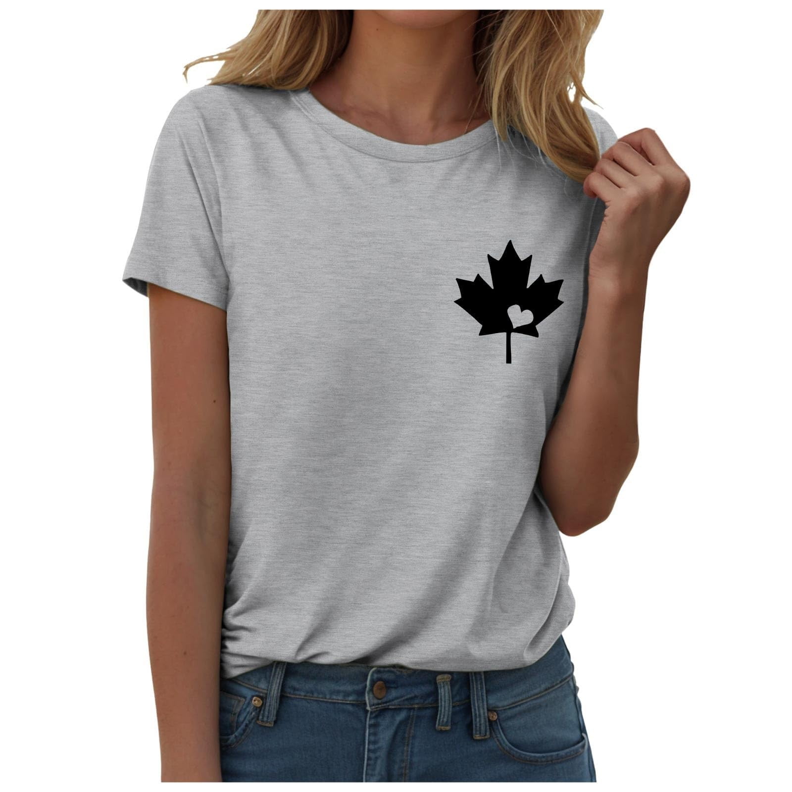 WEIYLL Womens T Shirts Canada Maple Leaf Print Proud Statement Grey Tops Sizes L