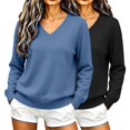 thumbnail image 4 of Comdrip 2Pc Women's Fall Winter V Neck Long Sleeve Basic Trendy Sweaters Fashion Casual Lightweight Knit Pullover Top Blue L, 4 of 5