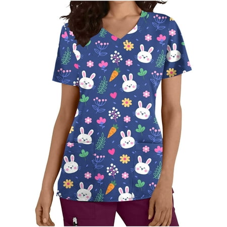 

atinetok Scrubs Tops For Women Happy Easter Shirts Trendy Loose Fit Cute Tshirt Tops and Blouses Short Sleeve V Neck Tunic Tops