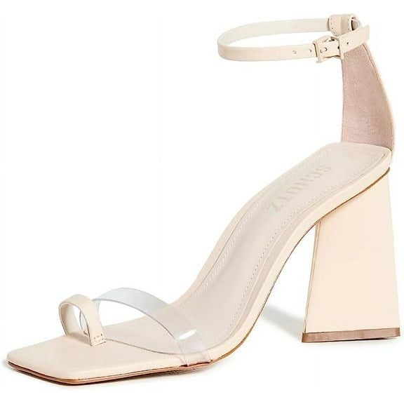 Schutz Avva Eggshell Clear Vamp Buckled Strap Open Toe Block Heeled Sandals (Eggshell, 9.5)