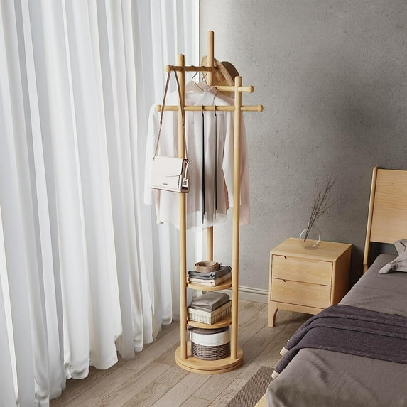 Rotary Coat Rack, Wooden Coat Rack Freestanding with Storage Shelf and 3 Crossbar,Heavy Duty Coat Tree Easy to Assemble for Home Office Suits Jacket Hat Umbrellas (Natural)