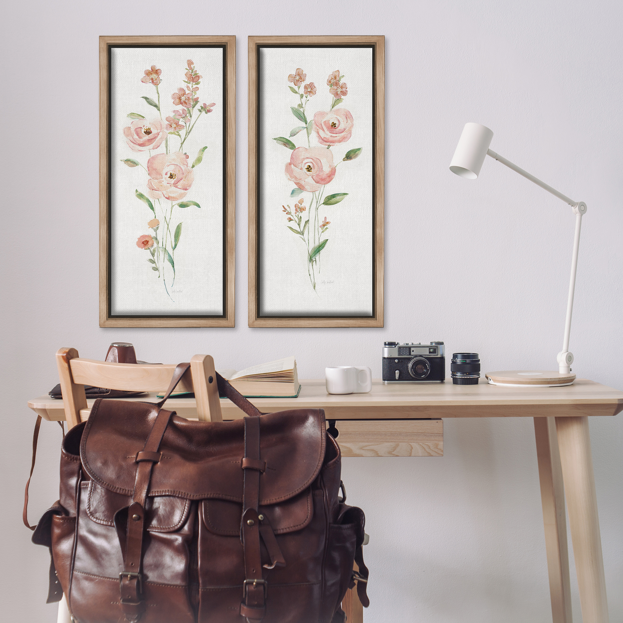 Stupell Industries Simple Pink Watercolor Flowers Plants & Flowers Painting Brown Floater Framed Canvas Art Print Wall Art, 14 x 31, Set of 2