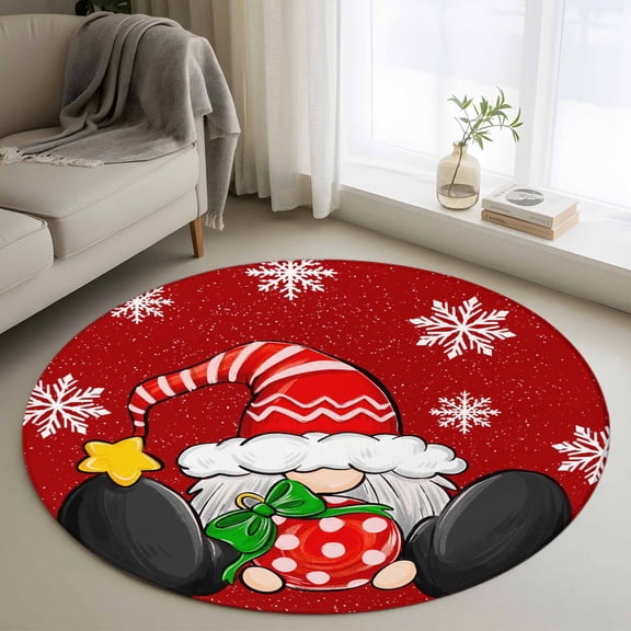 Round Rugs 3Ft, Red Gnomes Christmas Round Area Rug Washable Indoor Throw Carpet, Snowflake Xmas Balls Small Non Slip Circle Rug for Bedroom Living Room Home Decor Aesthetic