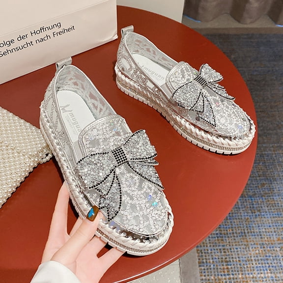 Vedolay Platform Loafers Women's Soft Flats Loafers,Slip On Comfortable Lightweight Non-Slip Boat Shoes,Silver 8.5