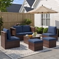 thumbnail image 5 of POTEBAN 6-Piece Space-Saving Patio Furniture Set, All Weather Brown Wicker Rattan Sectional Sofa with 2 Ottomans, Outdoor Conversation Set for Garden, Backyard, Navy Blue Cushions, 5 of 10