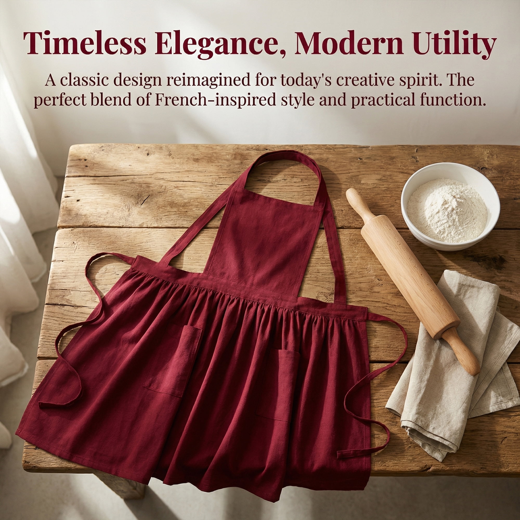 Unique Bargains Women's Kitchen Apron Long Waist Cooking Apron 37.4x50.4in Burgundy