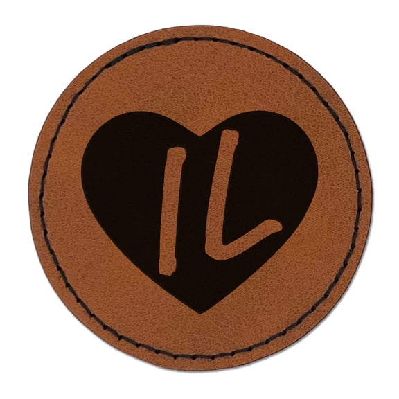 IL Illinois State in Heart 2.5" Faux Leather Round Engraved Iron-On Patch - Brown