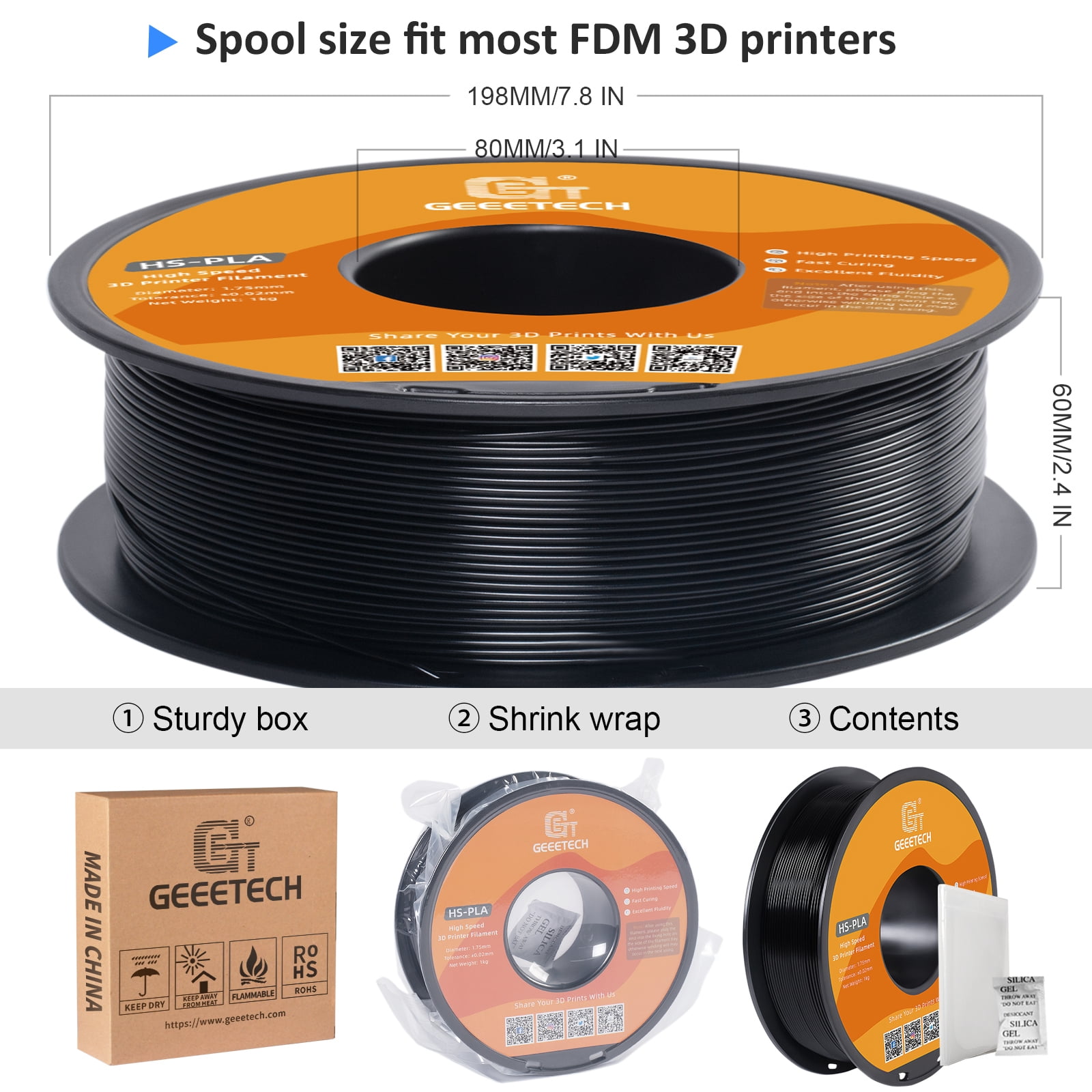 Geeetech 1.75mm PLA 3D Printer Filament, 10kg Spool (22lbs), Dimensional Accuracy +/- 0.03mm,Black
