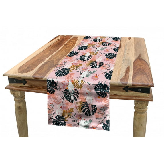 Tropical Table Runner, Paradise Flora with Parrots in the Jungle Big and Monstera Leaves, Dining Room Kitchen Rectangular Runner, 3 Sizes, by Ambesonne