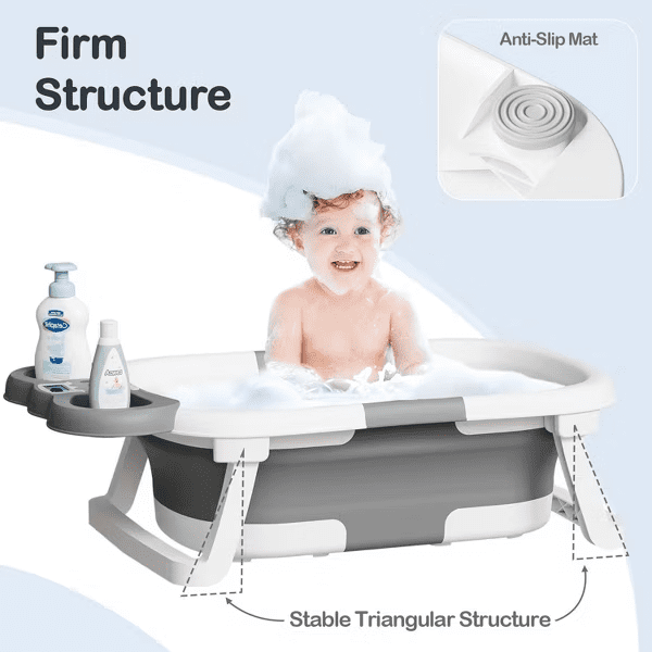 TUMAJUP Foldable Baby ‎Bathtub Elephant PP+TPE with Soft Cushion&Thermometer for 0-36 Months Toddler Gray