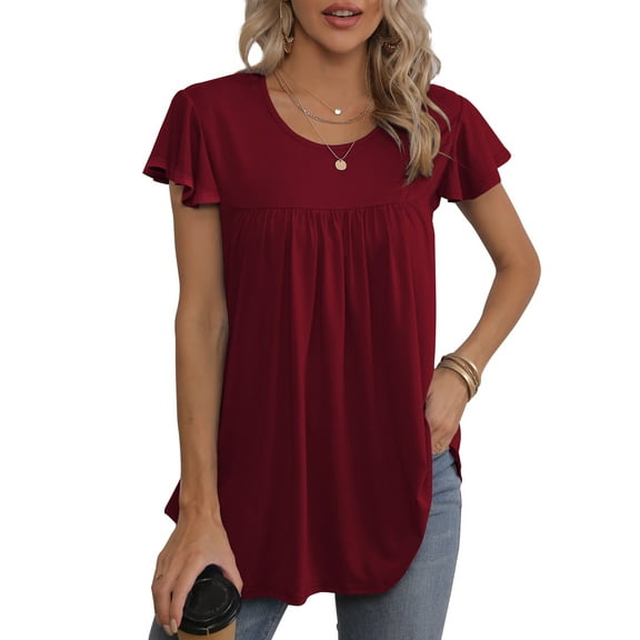 QINCAO Womens Tops Floral Ruffle Short Sleeve O Neck Loose Ladies Tops Shirts Blouses for Women,L(12-14)