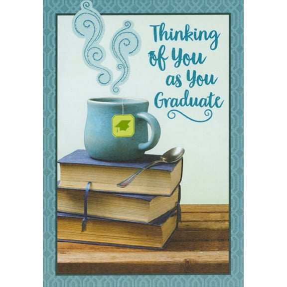 Designer Greetings Blue Coffee Cup on 3 Stacked Books Thinking of You Graduation Congratulations Card