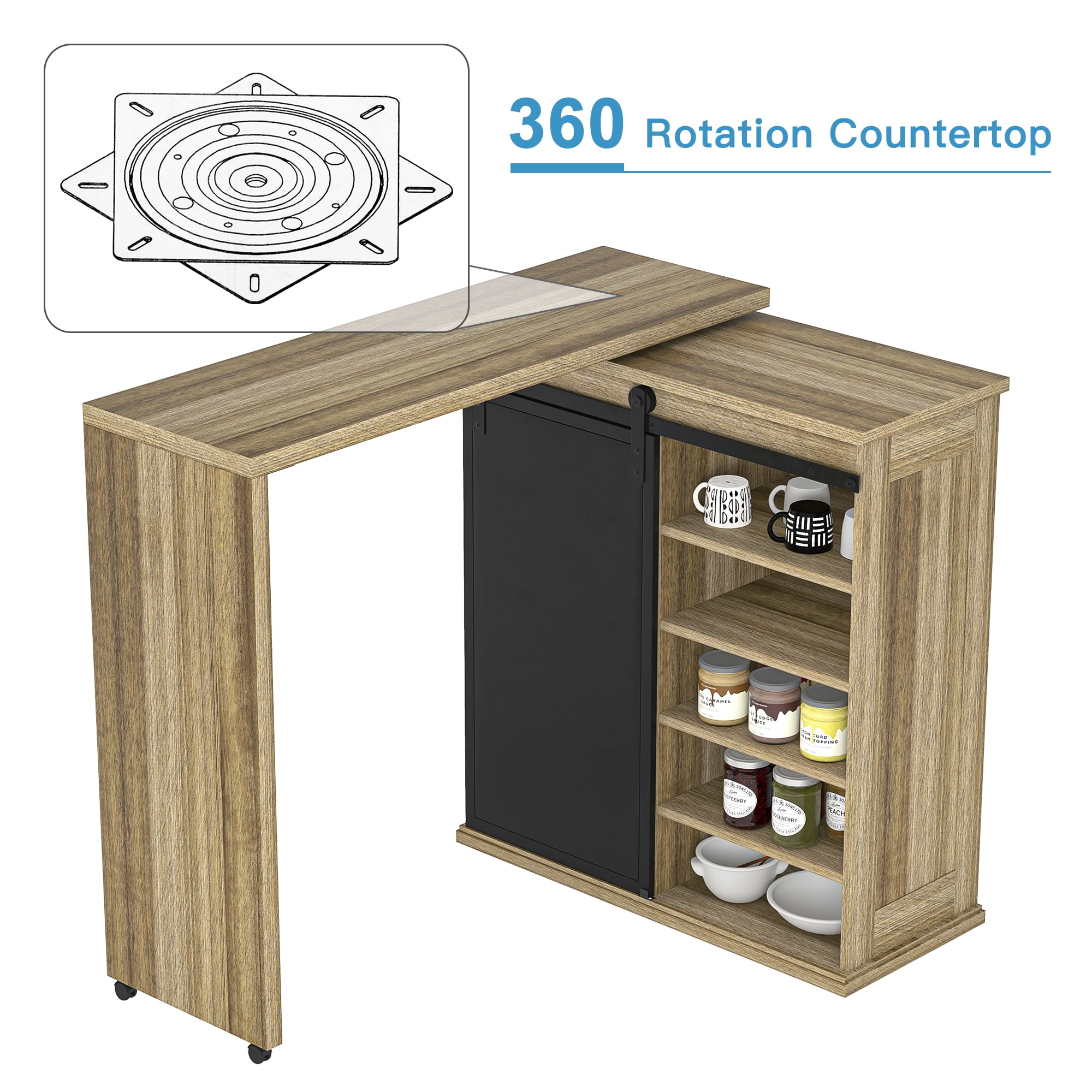 Kadyn 360° Rotatable Bar Cabinet, L-shaped Bar Table for Kitchen, Bar Cabinet with Sliding Barn Door, Free Rotating Sideboard with Adjustable Shelves, Vintage Brown Kadyn 360° Rotatable Bar Cabinet, L-shaped Bar Table for Kitchen, Bar Cabinet with Sliding Barn Door, Free Rotating Sideboard with Adjustable Shelves, Vintage Brown