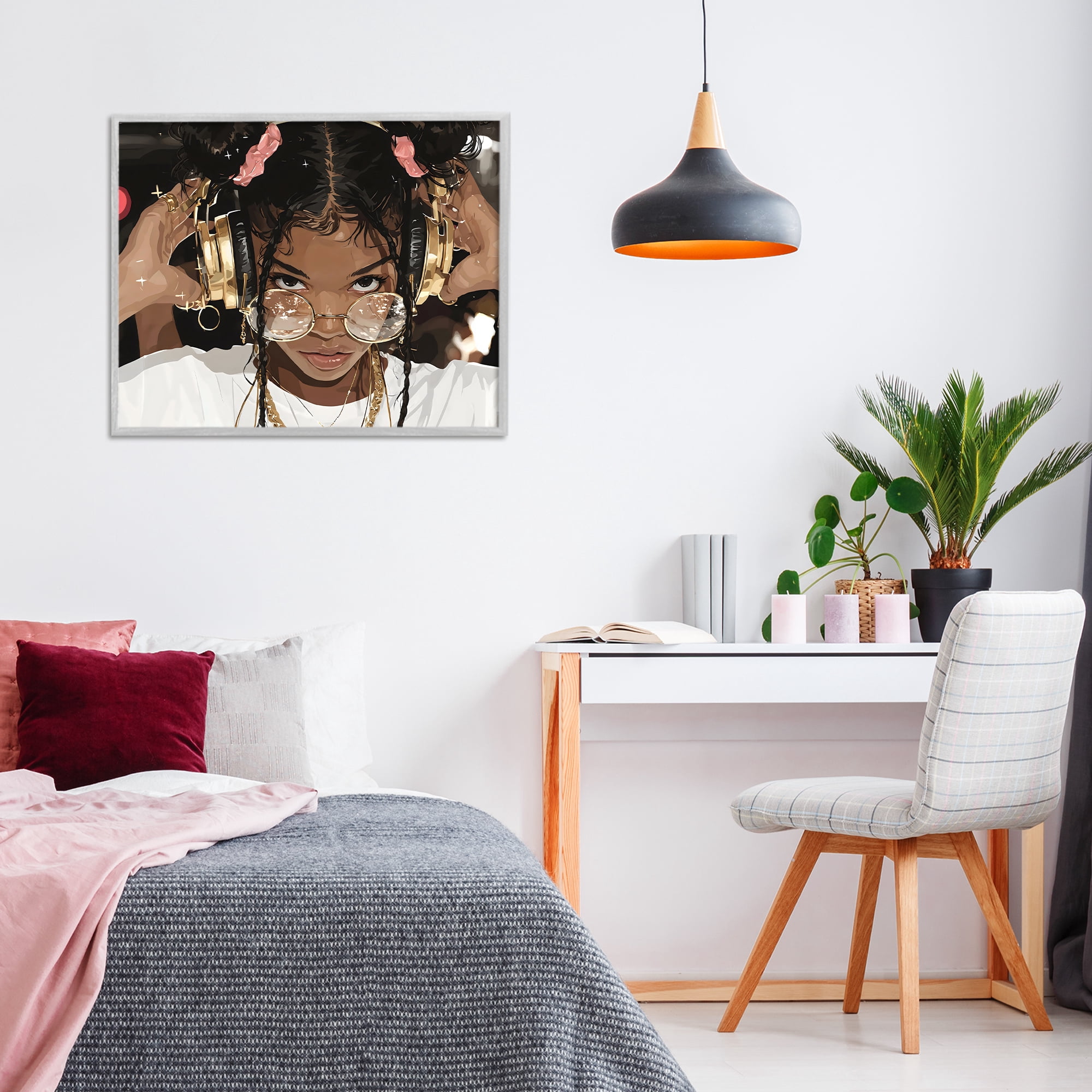 Stupell Industries Trendy Girl with Gold Headphones Gray Framed Giclee Art, design by Franklyn Gregory