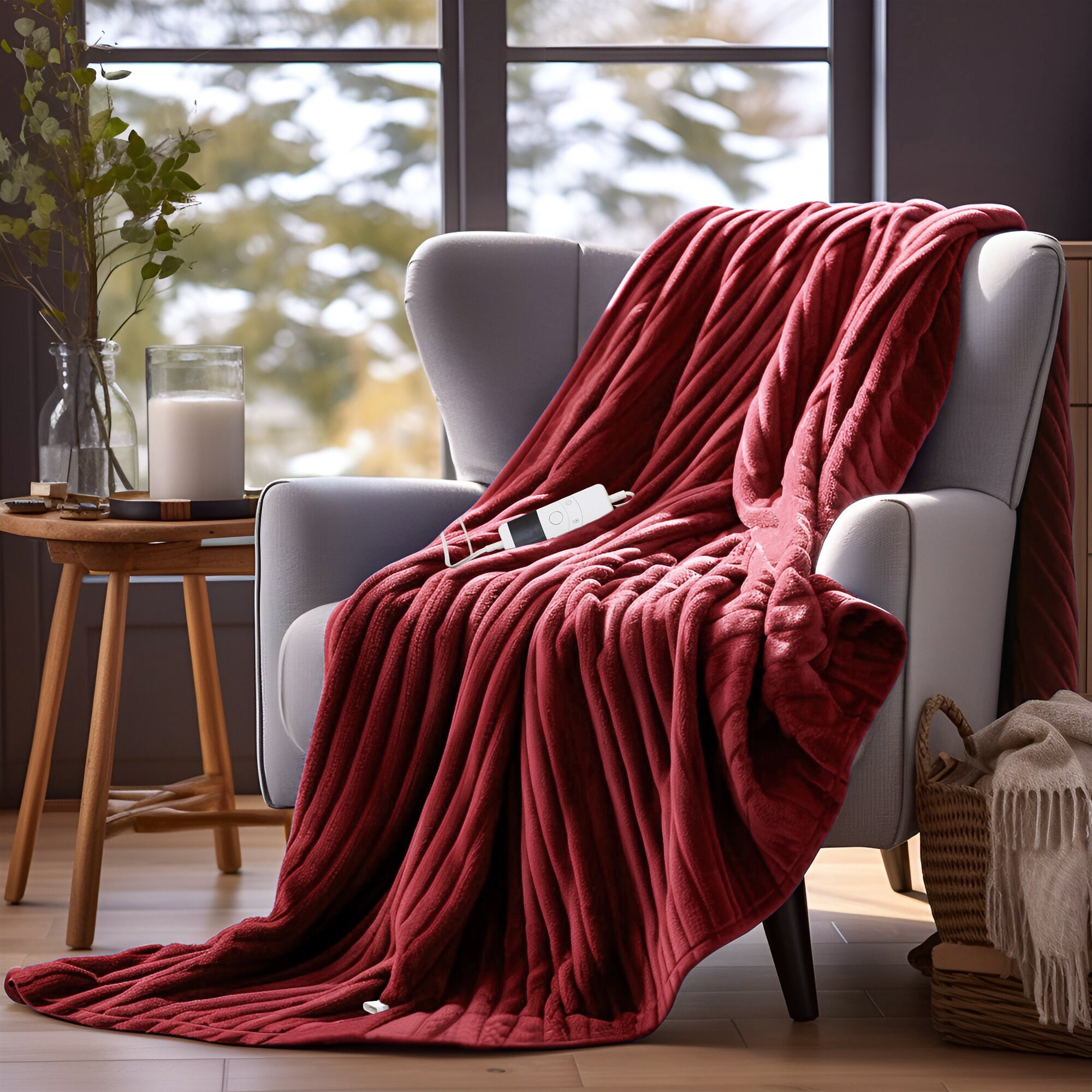 UNIKOME Flannel Wine Heated Electric Blanket, 50 in x 60 in