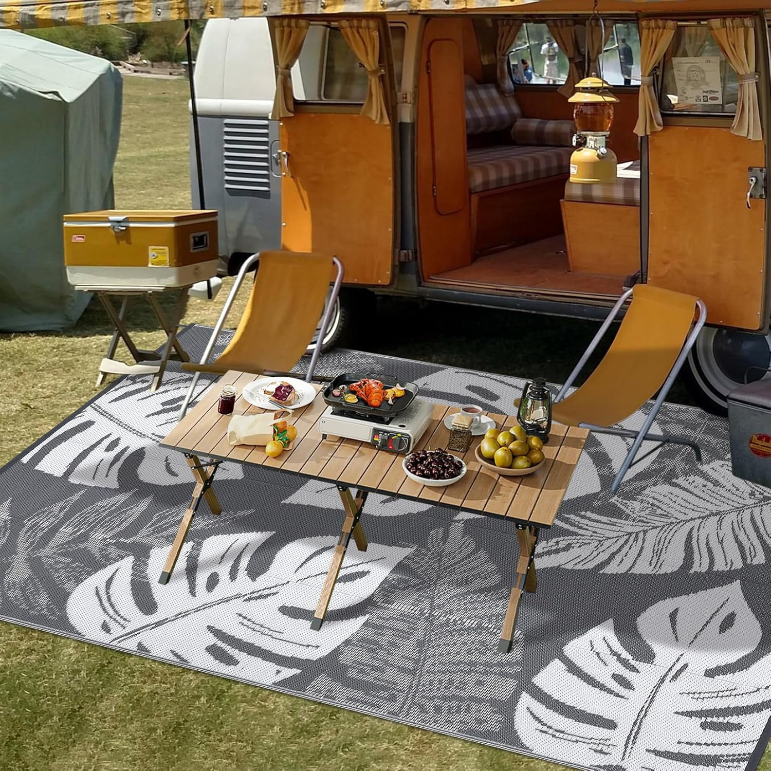 Funslane Outdoor Rug 10' x 14', Waterproof Plastic Straw Mat, Foldable & Reversible, Indoor Outdoor Rugs for Patio, Deck, RV, Beach, Picnic, Gray/White