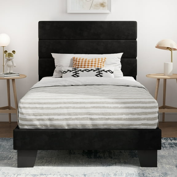 Sha Cerlin Twin Size Platform Bed Frame with Upholstered Velvet Headboard, Black