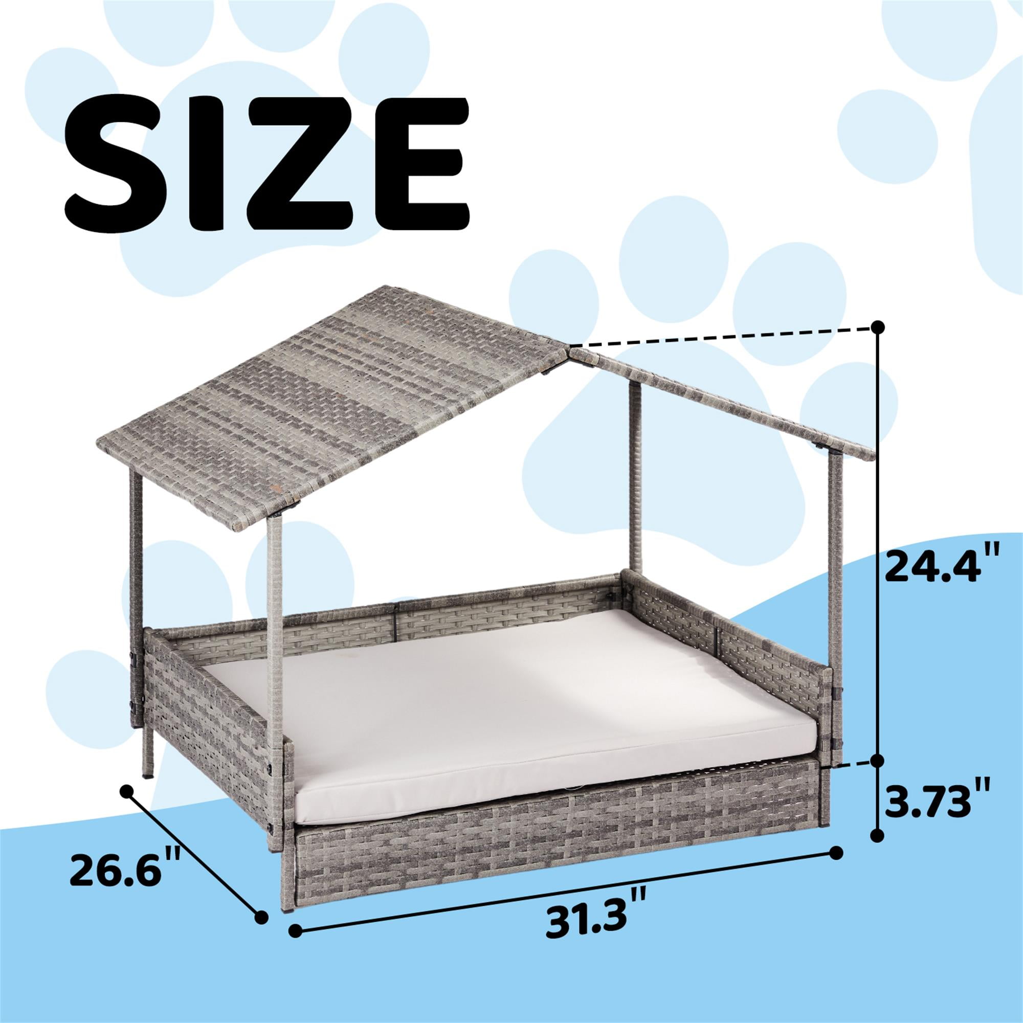 Kadyn 38" Elevated Rattan Dog Bed Pet Sofa with Canopy and Washable Cushion Cover, Wicker Dog House for Small, Medium Dogs, Gray