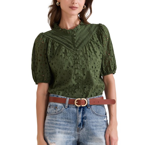 INSPIRE CHIC Women's Crochet Blouse Ruffle Neck Short Sleeve Hollow Out Summer Tops L Green