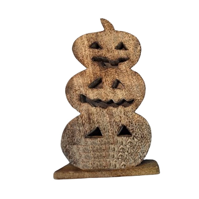 Wood carved Halloween décor showing three stacked jack-o-lantern faces with distinct triangular eyes and jagged mouths on a wooden base.