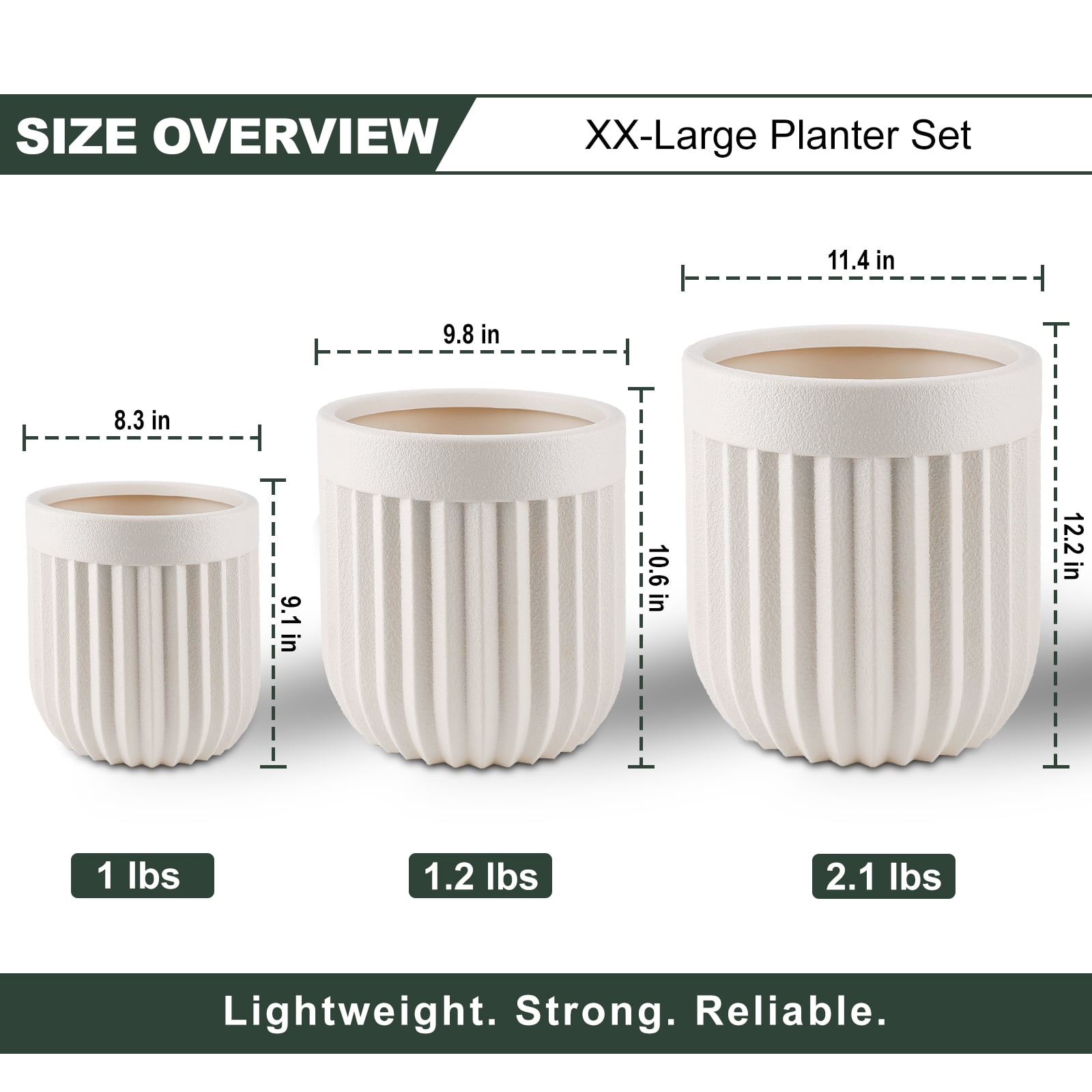FOUKUS Large Concrete-Like Plastic Planter Set: 3-Piece Tall Fluted Round Lightweight Planters for Indoor & Outdoor Use, Modern Decorative Pots with Drainage for Home, Patio, Porch & Garden