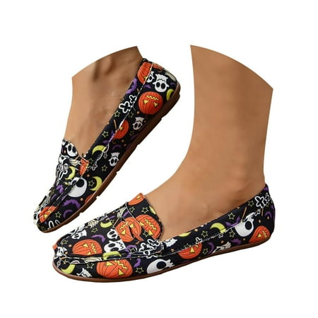 Mepaouo Women s Halloween Pumpkin Flats Shoes Canvas Walking Running Slip on Loafer Shoes
