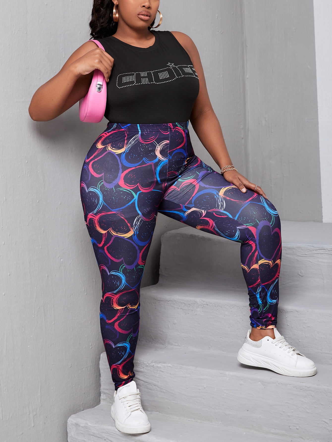 Casual Women's Plus Heart Print Elastic 