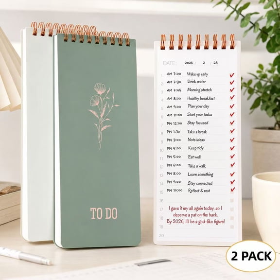 2 Pack To Do List Notepad Set, Undated Daily Planner Notebook with Checklist Layout, Portable Spiral Notepad for Work, Office, School & Home