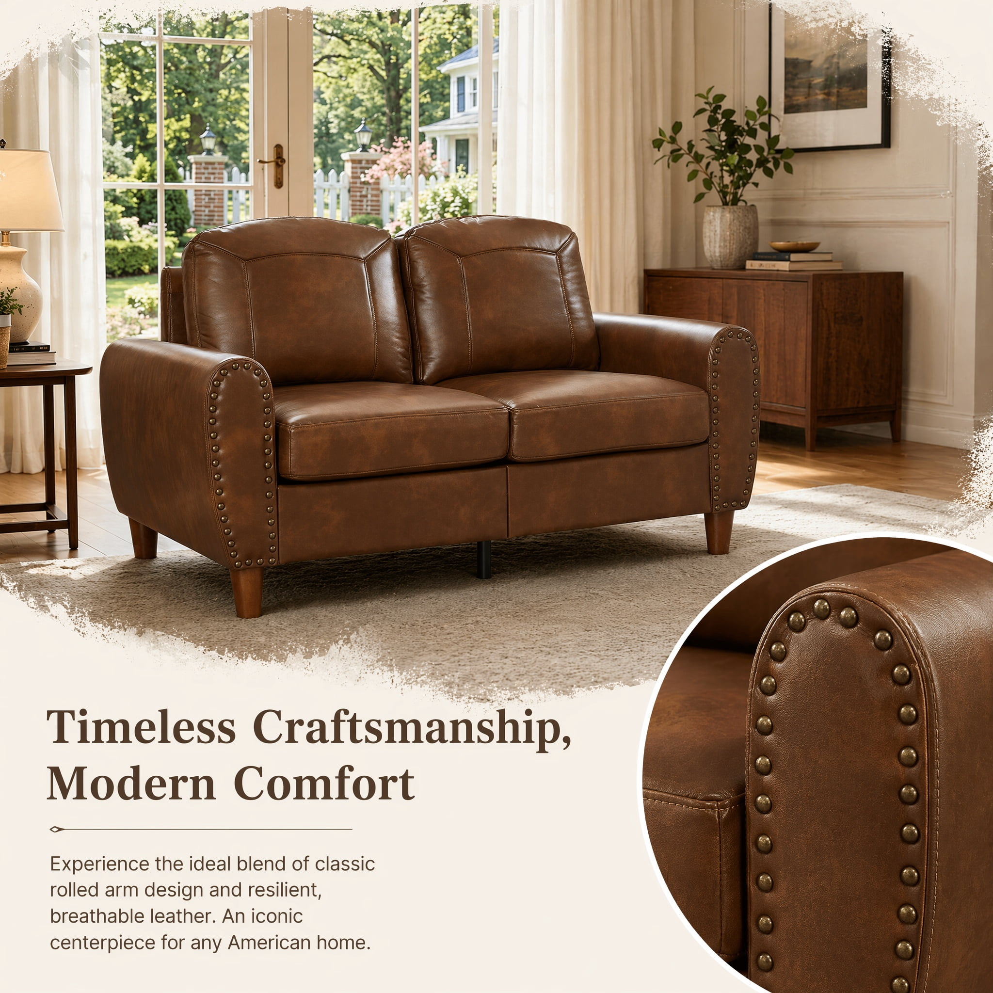 Mid-Century Modern Faux Leather Loveseat Sofa,59"W Classic Rolled Arm 2-Seater Sofa Couch with Brass Nailhead Trim & Solid Wood Legs,Apartment,Living Room Furniture,Brown