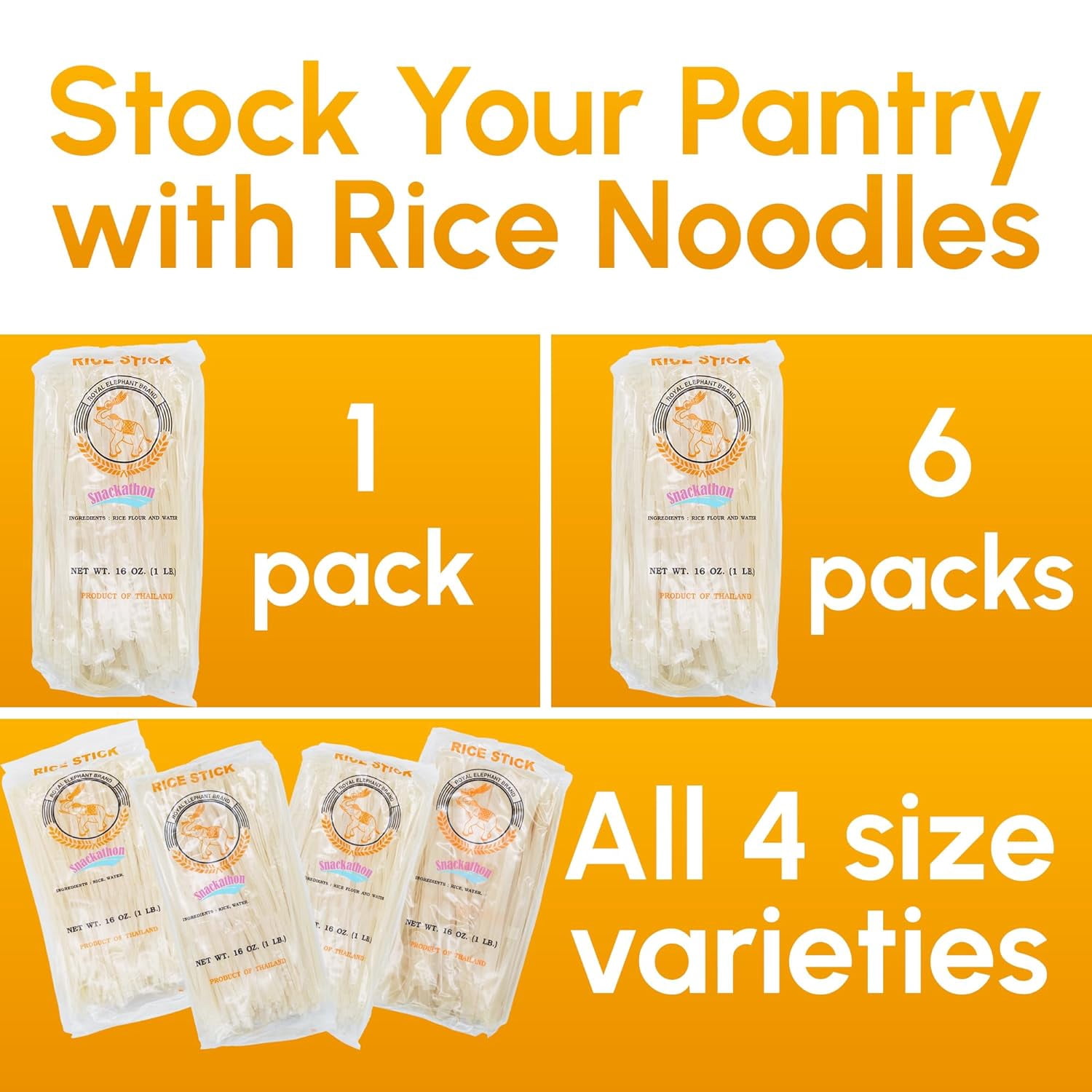 Snackathon Pad Thai Style Rice Stick Noodles, 5 mm Width, 16 oz (Pack of 6)
