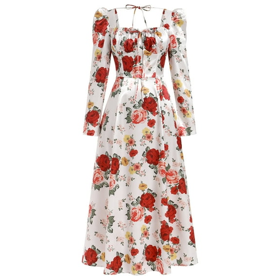 OBEEII Long Puff Sleeve Satin Dress for Women Spring Summer Ruffle Long Dress Soft Flowy Maxi Dresses Party Wedding Guest Outfits