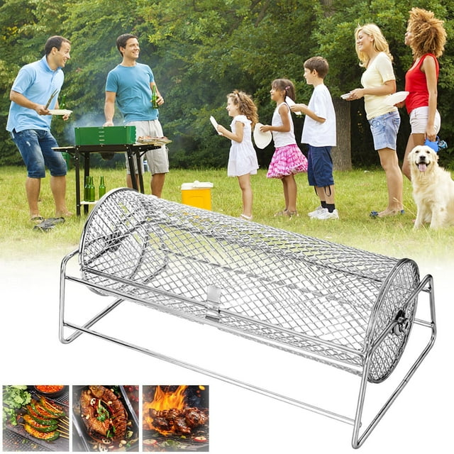 Tyidzon Cage à Barbecue Ronde Panier à Barbecue Extérieur Cage à Fumée Portable Filet à Barbecue Rouleau Rotatif